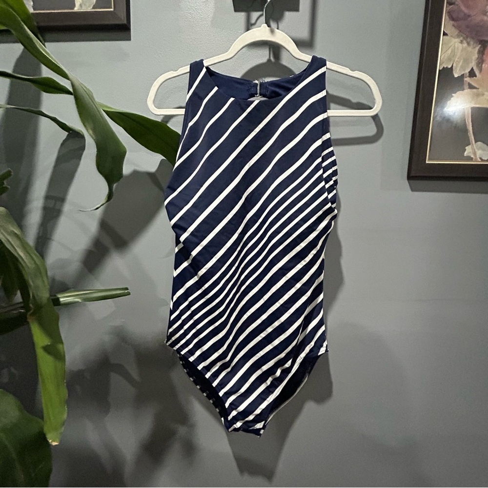 LandsEnd Navy & White Diagonal Stripe One-Piece Swimsuit sz 14